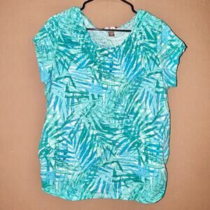 White Stag Women's Blue Floral print Sequin Short Sleeve Top Blouse - Size XL